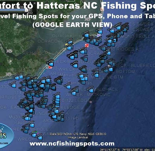 Beaufort to Hatteras Fishing Spots Map